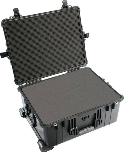 An open 1610EU Protector Case shows egg-crate foam inside. This large black case is crushproof, watertight, and equipped with handles, latches, and wheels for secure, easy transport.