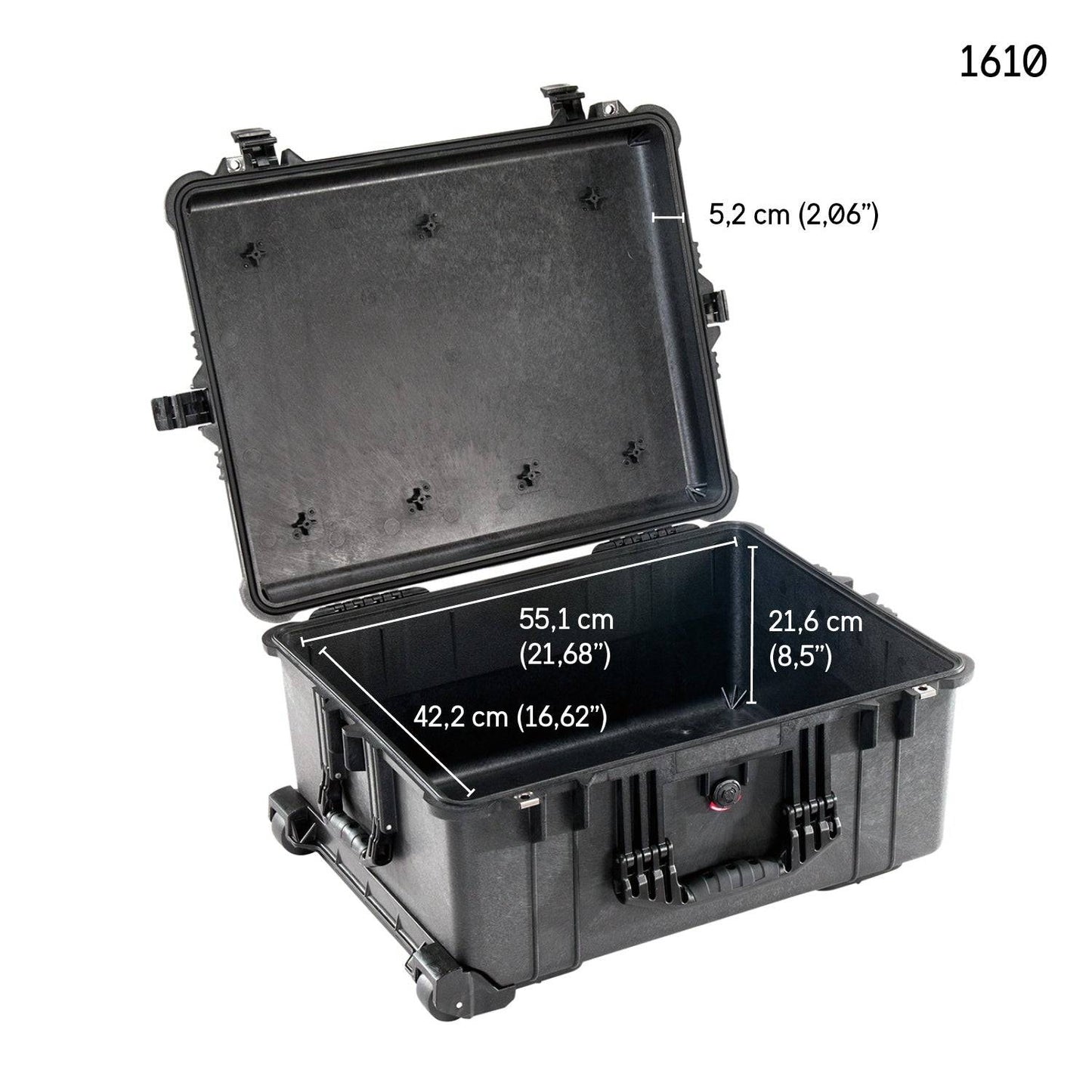 Open black 1610EU Protector Case with wheels and handle, showing interior size 55.1 x 42.2 x 21.6 cm and lid depth of 5.2 cm. This watertight, crushproof case delivers superior protection for your gear.