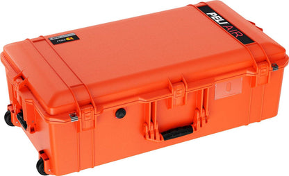 The 1615 Air Case is an orange PELI case with wheels, latches, and a black handle, offering lightweight protection for secure storage and easy transport.
