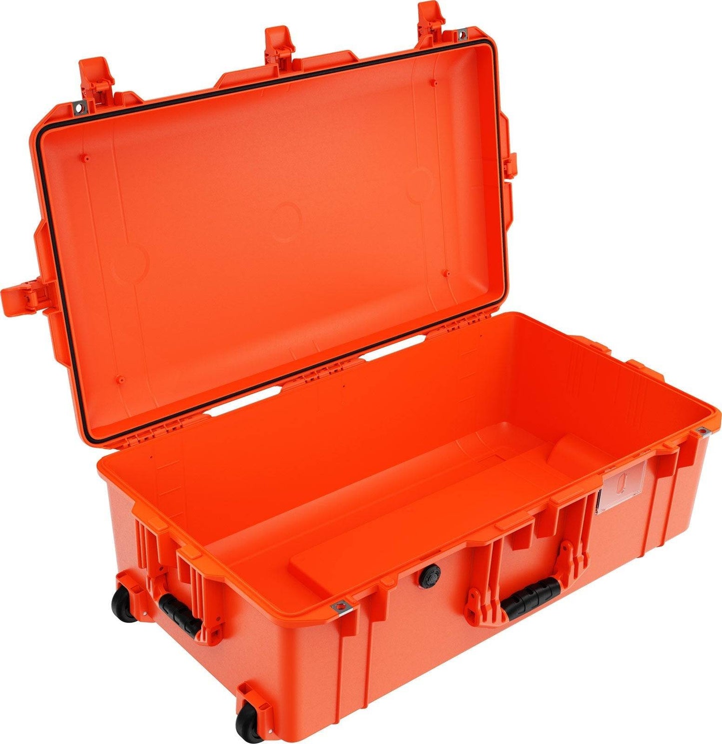 An open, empty, bright orange 1615 Air Case with black handles and latches is shown from an angled top view. This lightweight protective case offers durable and reliable transport for your gear.