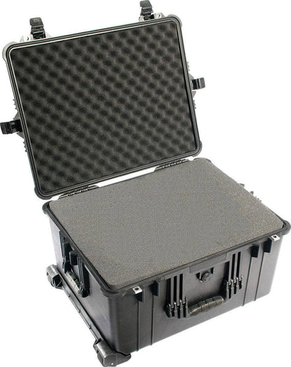 The 1620EU Protector Case is a hard, black PELI case with an open lid, featuring foam padding for cushioning and secure storage. This crushproof case keeps valuables safe and protected.