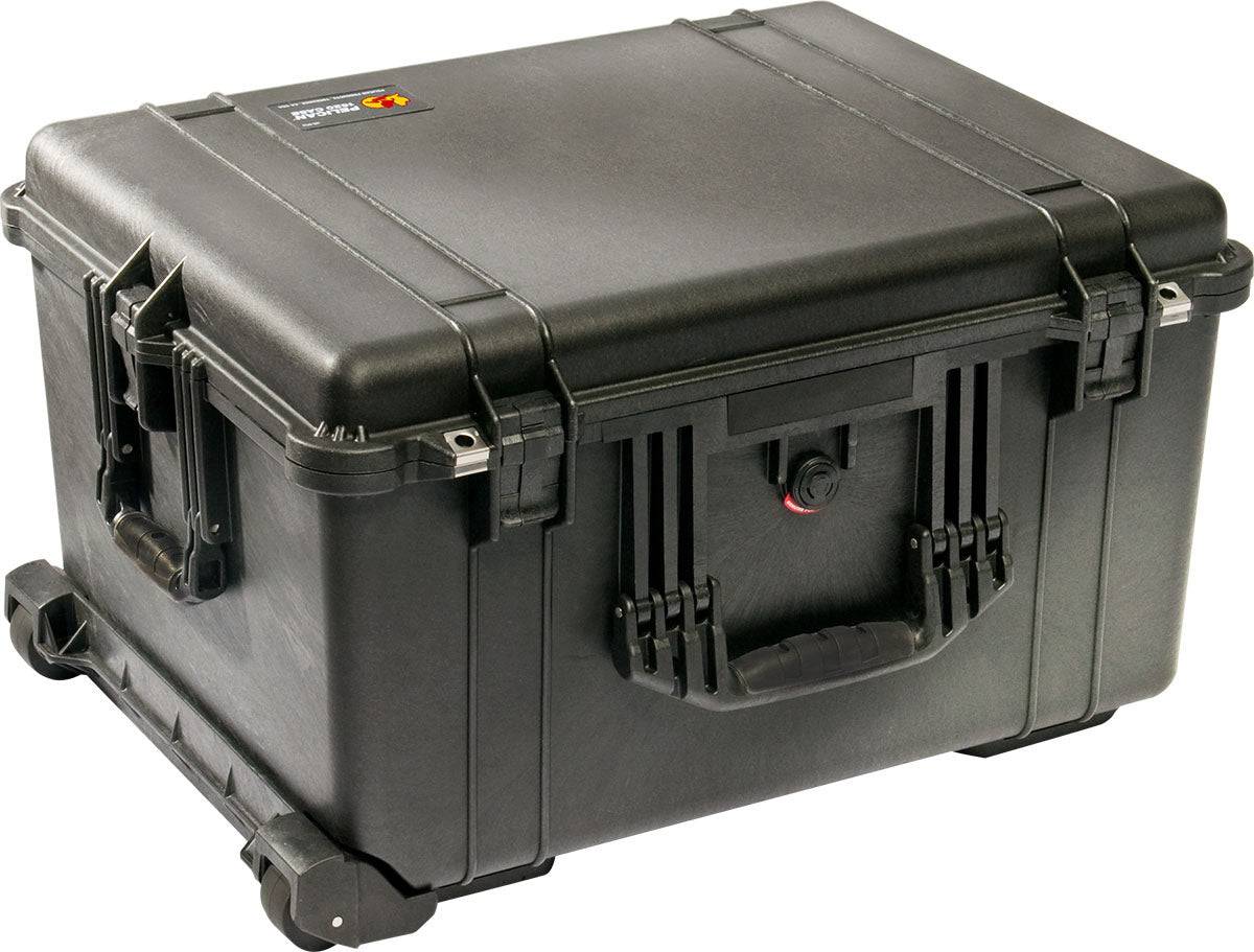 The 1620EU Protector Case is a large, black, hard plastic PELI case with sturdy handles, wheels, and secure latches. Watertight and rugged, it’s ideal for safely transporting or storing sensitive equipment.