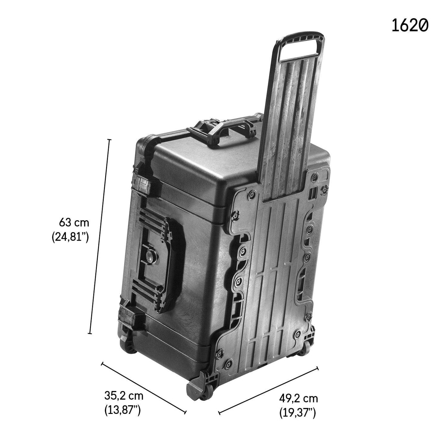 The black 1620EU Protector Case features a hard-shell rolling design with an extended handle, offering watertight and crushproof protection. Dimensions: 63 cm tall, 35.2 cm wide, 49.2 cm long.