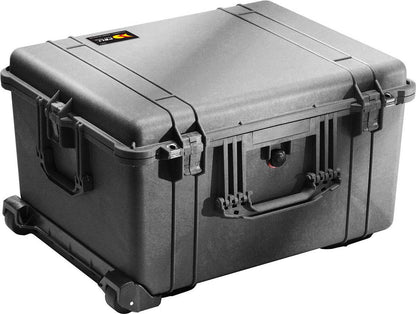 The 1620EU Protector Case is a hard-shell black case with secure latches, a handle, and wheels for portability; its watertight design ensures your equipment stays protected wherever you go.