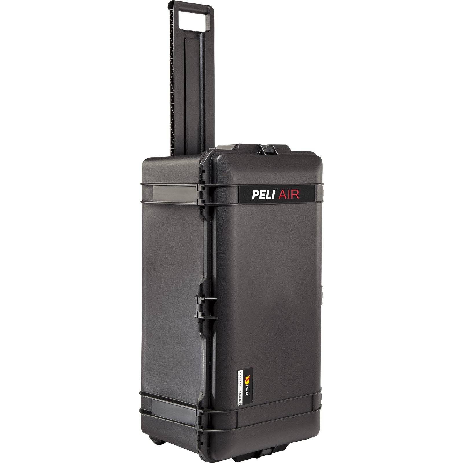 The 1626 Air Case is a black, waterproof protective case with wheels and an extended telescopic handle, shown standing upright on its shorter side.