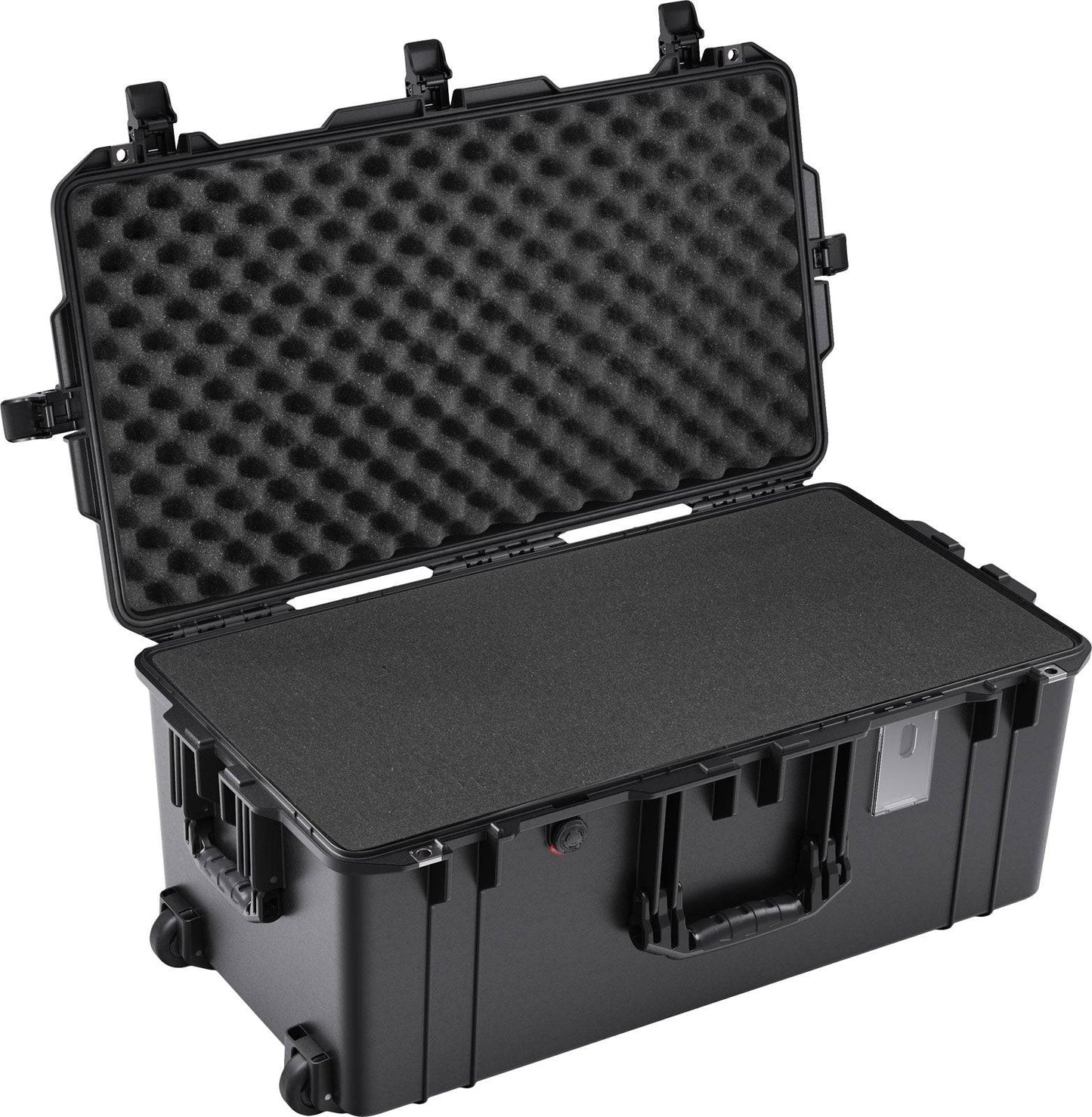 The 1626 Air Case is a large black lightweight polymer case with an open lid revealing foam padding. This waterproof protective case includes latches, a handle, and wheels for easy transport.