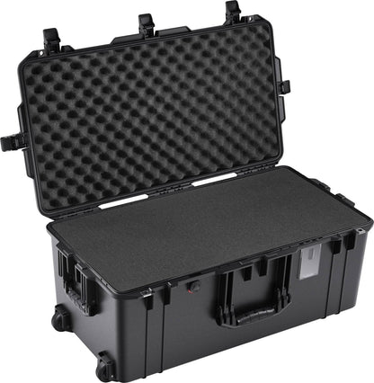 The 1626 Air Case is a large black lightweight polymer case with an open lid revealing foam padding. This waterproof protective case includes latches, a handle, and wheels for easy transport.