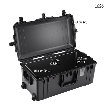 The 1626 Air Case is a black hard-shell rolling case from the long deep series, shown with the lid open. It features internal dimensions of 71.5 x 35.8 x 24.7 cm, a lid depth of 5.1 cm, and offers lightweight, waterproof protective storage.