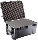 The 1630 Protector Transport Case, shown open in black with a hinged lid, reveals foam padding inside for secure cushioning. This crushproof case delivers outstanding protection and durability for your valuables.