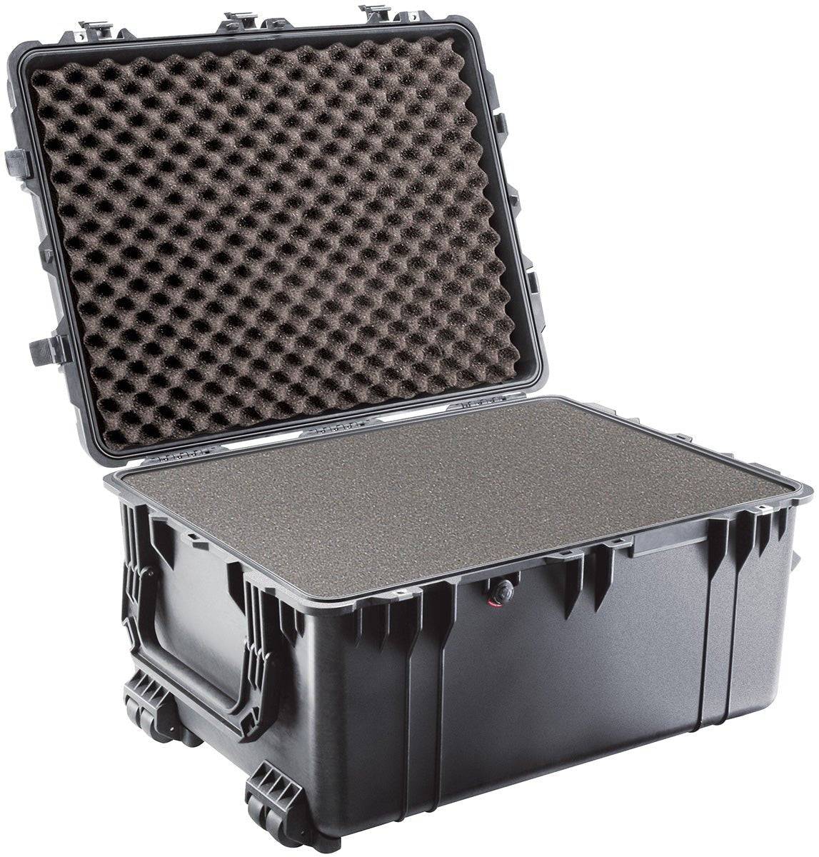 The 1630 Protector Transport Case, shown open in black with a hinged lid, reveals foam padding inside for secure cushioning. This crushproof case delivers outstanding protection and durability for your valuables.