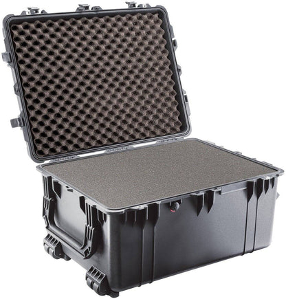 The 1630 Protector Transport Case, shown open in black with a hinged lid, reveals foam padding inside for secure cushioning. This crushproof case delivers outstanding protection and durability for your valuables.
