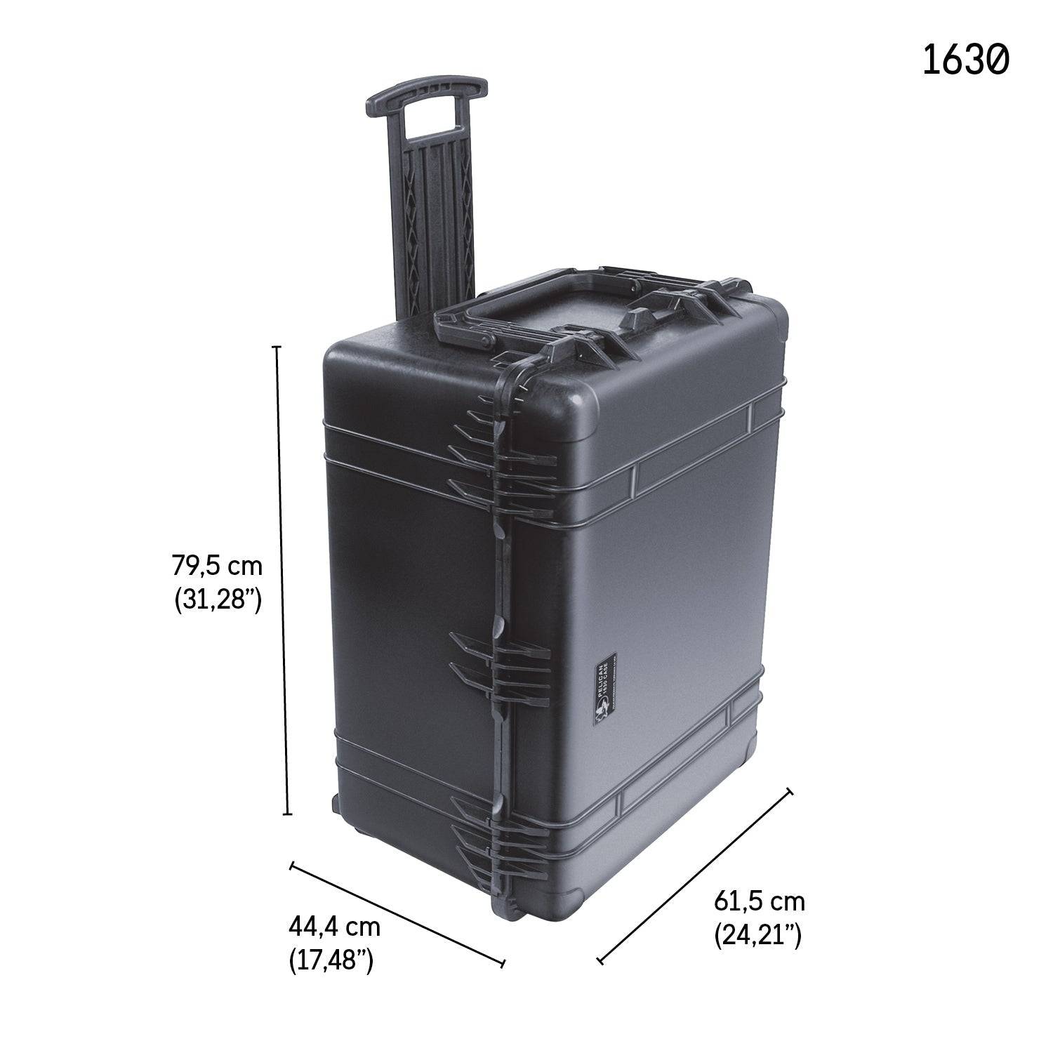 The black 1630 Protector Transport Case, shown with handle extended, is crushproof and watertight. Dimensions: 79.5 cm x 44.4 cm x 61.5 cm. Model 1630 is displayed in the top right corner.