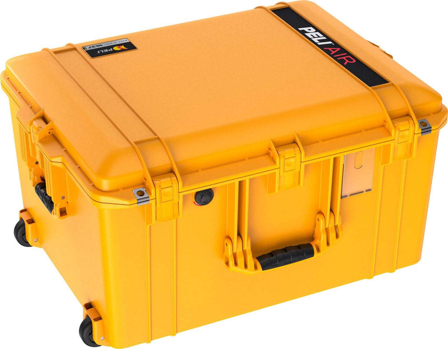 The 1637 Air Case is a large, bright yellow lightweight polymer case with a handle, wheels, black latches, and a visible label—perfect for secure, waterproof transport.