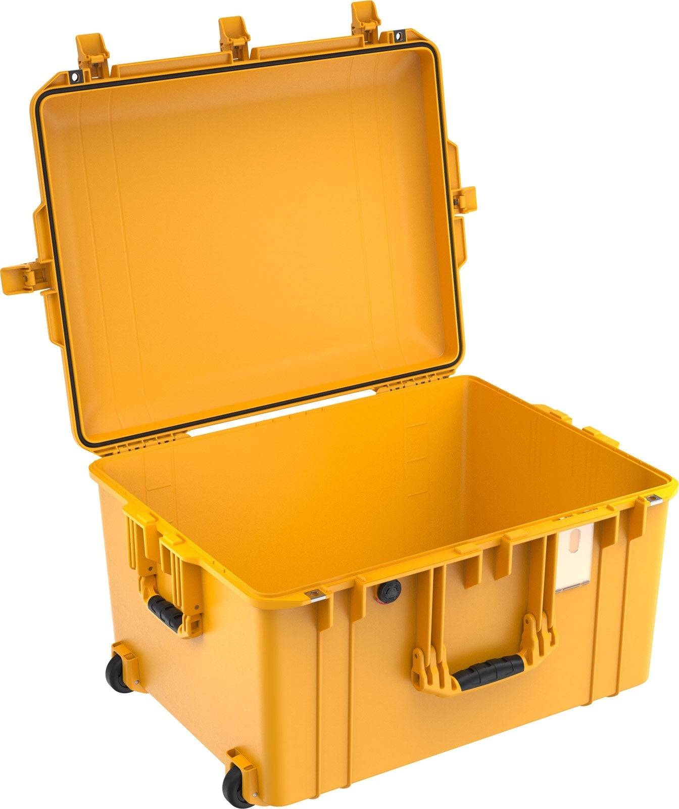 The 1637 Air Case is a large, yellow lightweight polymer case with an open lid, black handles, and wheels, shown empty on a white background—durable and waterproof for protective storage.