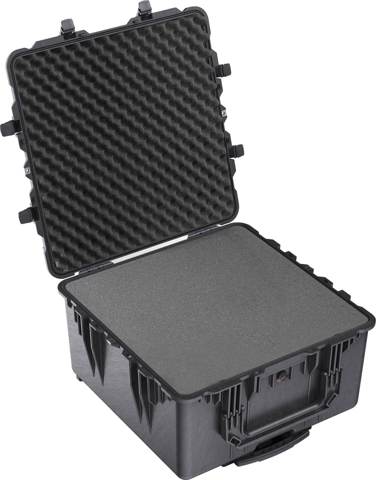 The 1640 Protector Transport Case is a black hard-shell PELI case with foam padding, shown open and empty with side latches; this crushproof case provides reliable protection for your valuables.