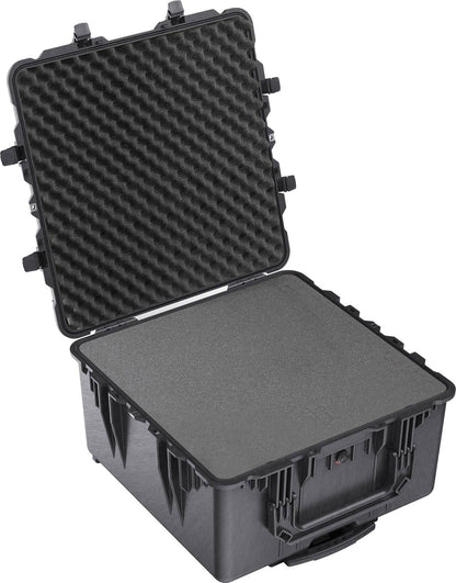 The 1640 Protector Transport Case is a black hard-shell PELI case with foam padding, shown open and empty with side latches; this crushproof case provides reliable protection for your valuables.