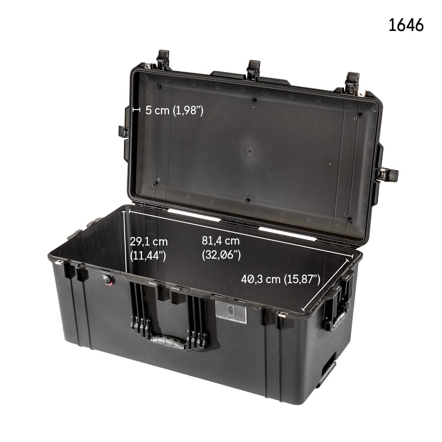 The 1646 Air Case is a black hard plastic waterproof protective case from the PELI Air Long/Deep Series with an open lid, featuring interior dimensions of 81.4 cm (length) x 29.1 cm (width) x 40.3 cm (depth), and a 5 cm lid depth.
