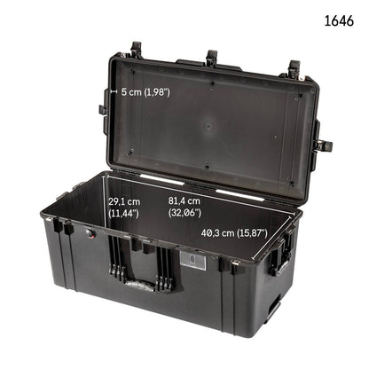The 1646 Air Case is a black hard plastic waterproof protective case from the PELI Air Long/Deep Series with an open lid, featuring interior dimensions of 81.4 cm (length) x 29.1 cm (width) x 40.3 cm (depth), and a 5 cm lid depth.
