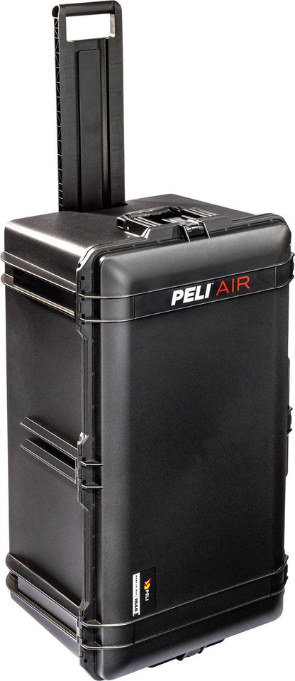 Black 1646 Air Case from PELI’s Long/Deep Series, featuring a hard-shell design, wheels, and extended telescopic handle. Lightweight polymer construction offers tough, waterproof protection. Shown upright on a white background.