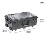 A black 1650EU Protector Case with handles and wheels is shown, featuring a watertight, crushproof design. Dimensions: 80.1 x 52.1 x 31.7 cm (31.55 x 20.51 x 12.47 in). Model number 1650 displayed.