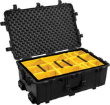 The 1650EU Protector Case is a black, crushproof case with yellow padded dividers and a foam-lined lid, open to show multiple compartments—ideal for organizing and protecting your items.