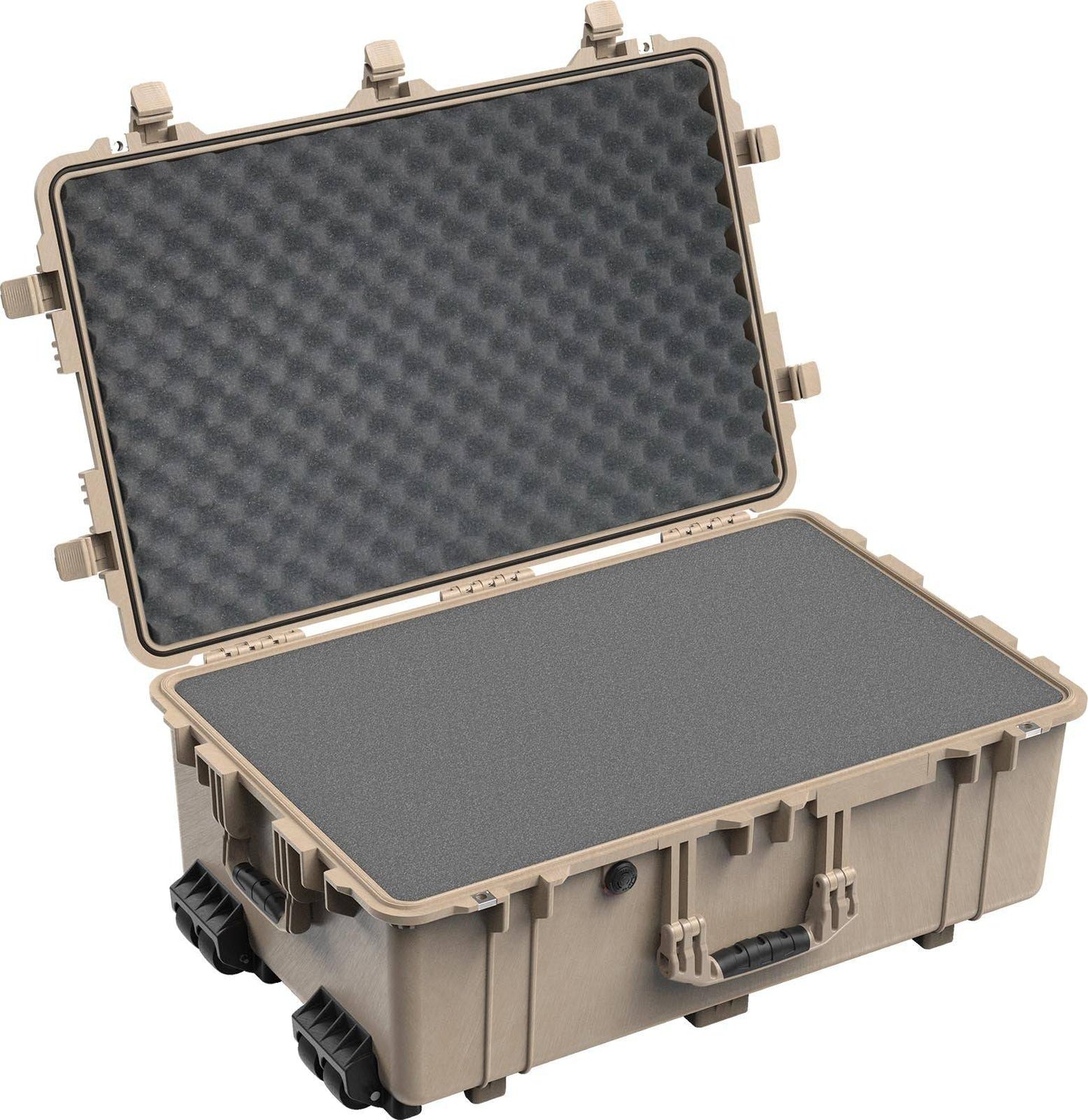 A tan 1650EU Protector Case is shown with its lid open, displaying foam padding inside; this crushproof case features handles and latches for secure closure.