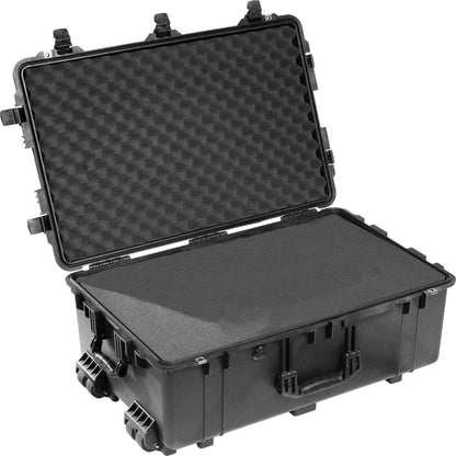 The 1650EU Protector Case in black is shown open, revealing foam padding inside. This crushproof case delivers robust protection, securing your valuables during transport.