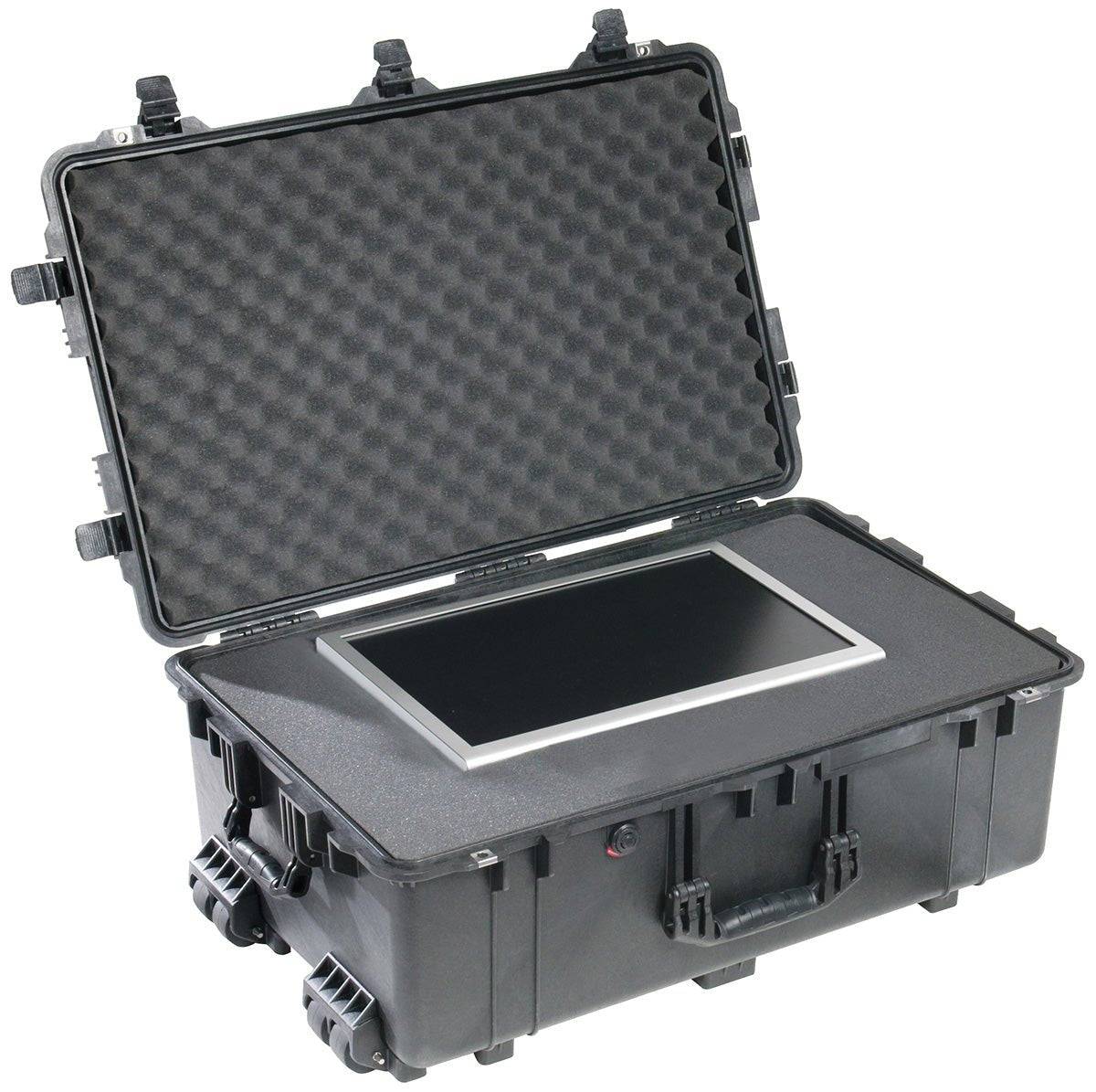 An open black 1650EU Protector Case with foam padding displays a tablet or screen embedded in its base.