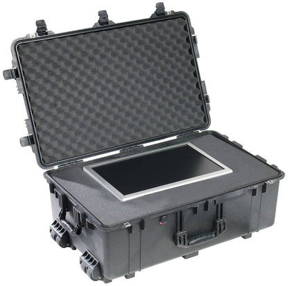 An open black 1650EU Protector Case with foam padding displays a tablet or screen embedded in its base.
