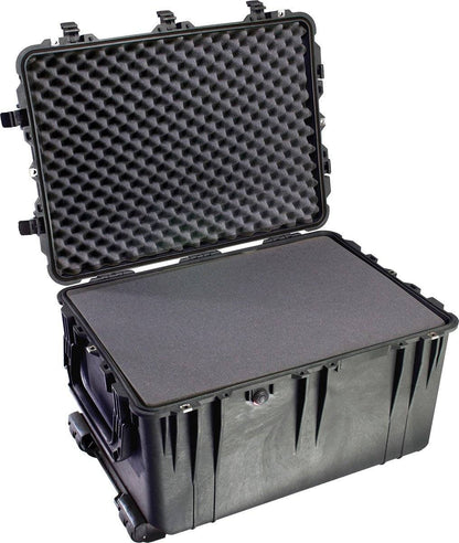 The 1660EU Protector Case is a large black PELI case with an open lid, foam padding, and a solid foam base insert. Its crushproof design delivers rugged protection for your gear.