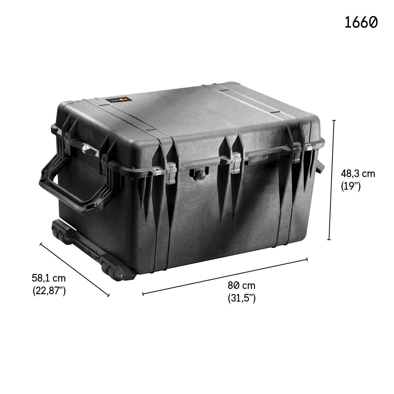 Black hard plastic 1660EU Protector Case with handles and wheels, featuring a watertight, crushproof design. Dimensions: 80 x 58.1 x 48.3 cm (31.5 x 22.87 x 19 in). Model 1660EU shown in the corner.