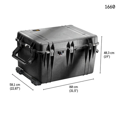 Black hard plastic 1660EU Protector Case with handles and wheels, featuring a watertight, crushproof design. Dimensions: 80 x 58.1 x 48.3 cm (31.5 x 22.87 x 19 in). Model 1660EU shown in the corner.