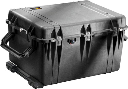 The 1660EU Protector Case is a large, hard-shell PELI case with sturdy handles, secure latches, a built-in pressure valve, and wheels for easy transport—offering crushproof protection for your gear.