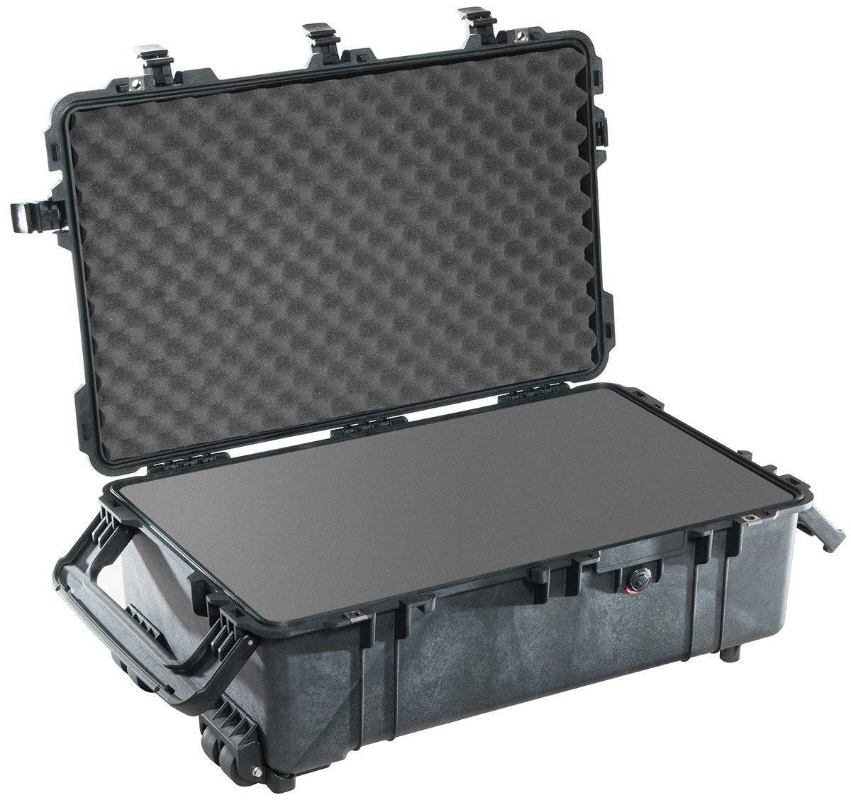 The 1670 Protector Case is a hard plastic PELI case with a handle, shown open to reveal lid foam and an empty lower compartment—crushproof for secure, reliable protection.
