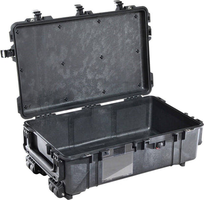 The 1670 Protector Case is a large, hard-shell black case with an open lid, foam interior, side handle, latches, and a transparent front label holder—engineered as a crushproof case for maximum protection.