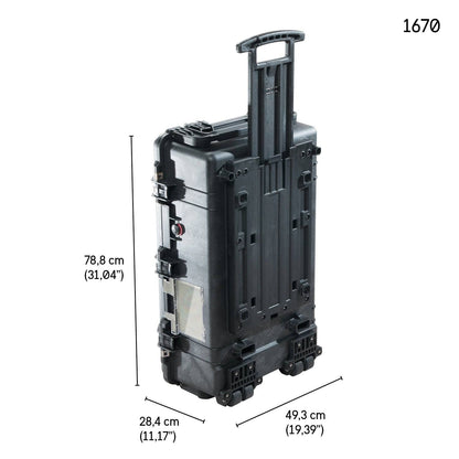 The 1670 Protector Case is a black hard-shell, crushproof, and watertight case with handle extended; dimensions are 78.8 x 28.4 x 49.3 cm (31.04 x 11.17 x 19.39 in), offering ultimate protection for your gear.