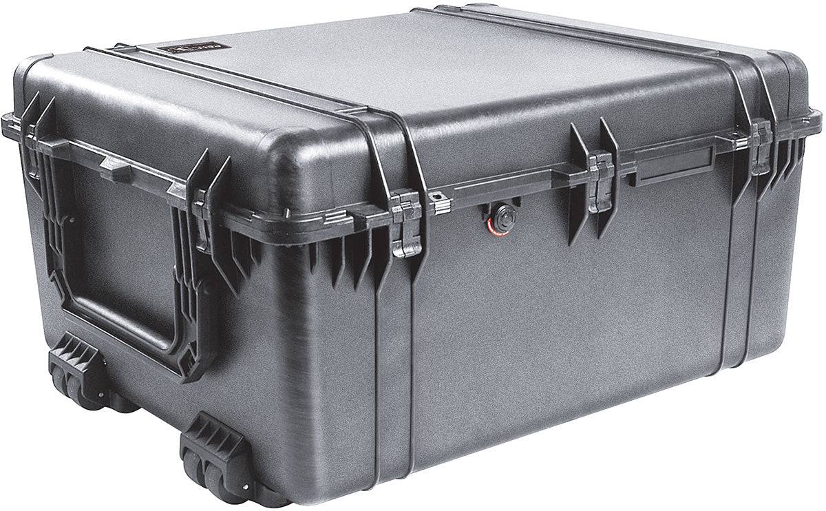 The PELI 1690 Protector Transport Case is a large, hard-shell black case with reinforced corners, side handle, secure latches, and wheels—crushproof for superior protection and easy transport.