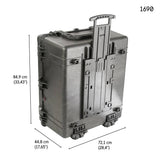 The 1690 Protector Transport Case, a large black hard-shell case with wheels and a telescopic handle (84.9 x 44.8 x 72.1 cm), stands upright—crushproof and perfect for secure transport.