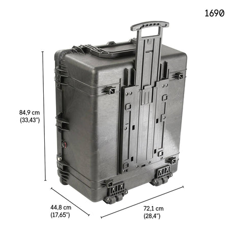 The 1690 Protector Transport Case, a large black hard-shell case with wheels and a telescopic handle (84.9 x 44.8 x 72.1 cm), stands upright—crushproof and perfect for secure transport.