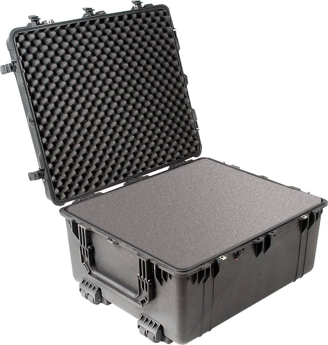 The 1690 Protector Transport Case is open, showing foam padding in the lid and an empty compartment below. This crushproof case ensures reliable protection for your equipment.
