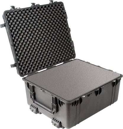 The 1690 Protector Transport Case is open, showing foam padding in the lid and an empty compartment below. This crushproof case ensures reliable protection for your equipment.
