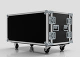 The 16U Double Bay Rack Case is a large black flight case featuring metal edges, reinforced corners, latches, handles, and four caster wheels, shown on a plain light background.