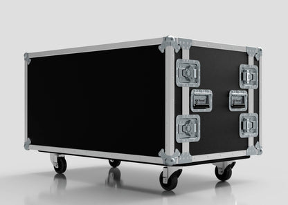 The 16U Double Bay Rack Case is a large black flight case featuring metal edges, reinforced corners, latches, handles, and four caster wheels, shown on a plain light background.