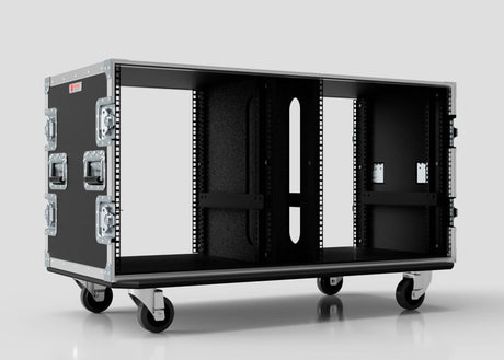 The 16U Double Bay Rack Case is a black, wheeled equipment rack with metal handles and open front and back panels, ideal for mounting electronic components.