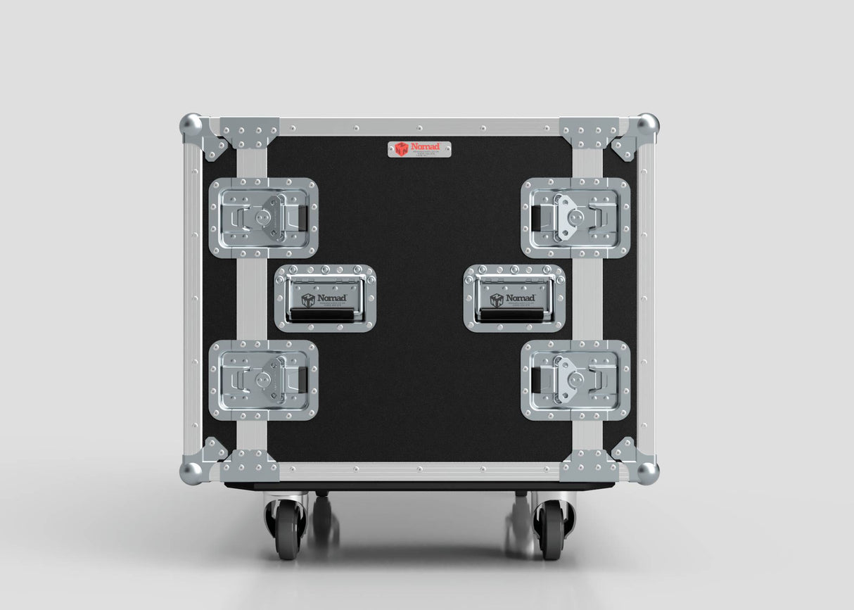 A 16U Double Bay Rack Case in black with metal reinforcements, four latches, and wheels is shown against a plain light gray background.