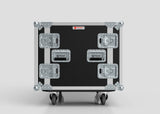 A 16U Double Bay Rack Case in black with metal reinforcements, four latches, and wheels is shown against a plain light gray background.