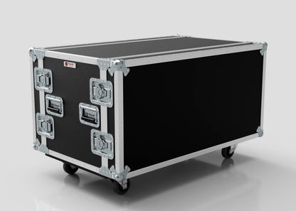 The 16U Double Bay Rack Case is a large black equipment flight case with metal reinforcements, four latches, and caster wheels, displayed against a plain background.