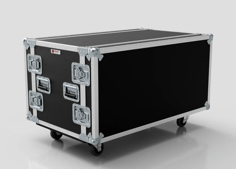 The 16U Double Bay Rack Case is a large black equipment flight case with metal reinforcements, four latches, and caster wheels, displayed against a plain background.
