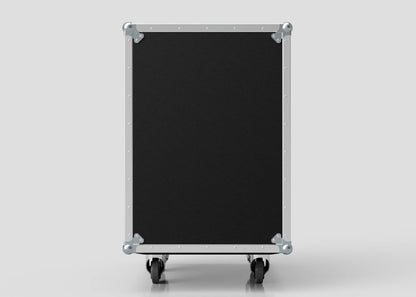 The 16U Foam Shock Mounted 19" Rack Case is a large, black rectangular equipment case made from European Birch plywood with silver metal edges and corners, four caster wheels, and interior rack strips, shown against a plain light gray background.