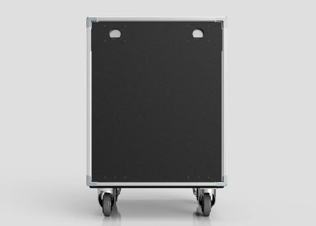 A 16U Slam Rack Case in black with metal edges and four wheels, shown from the back against a plain light gray background.